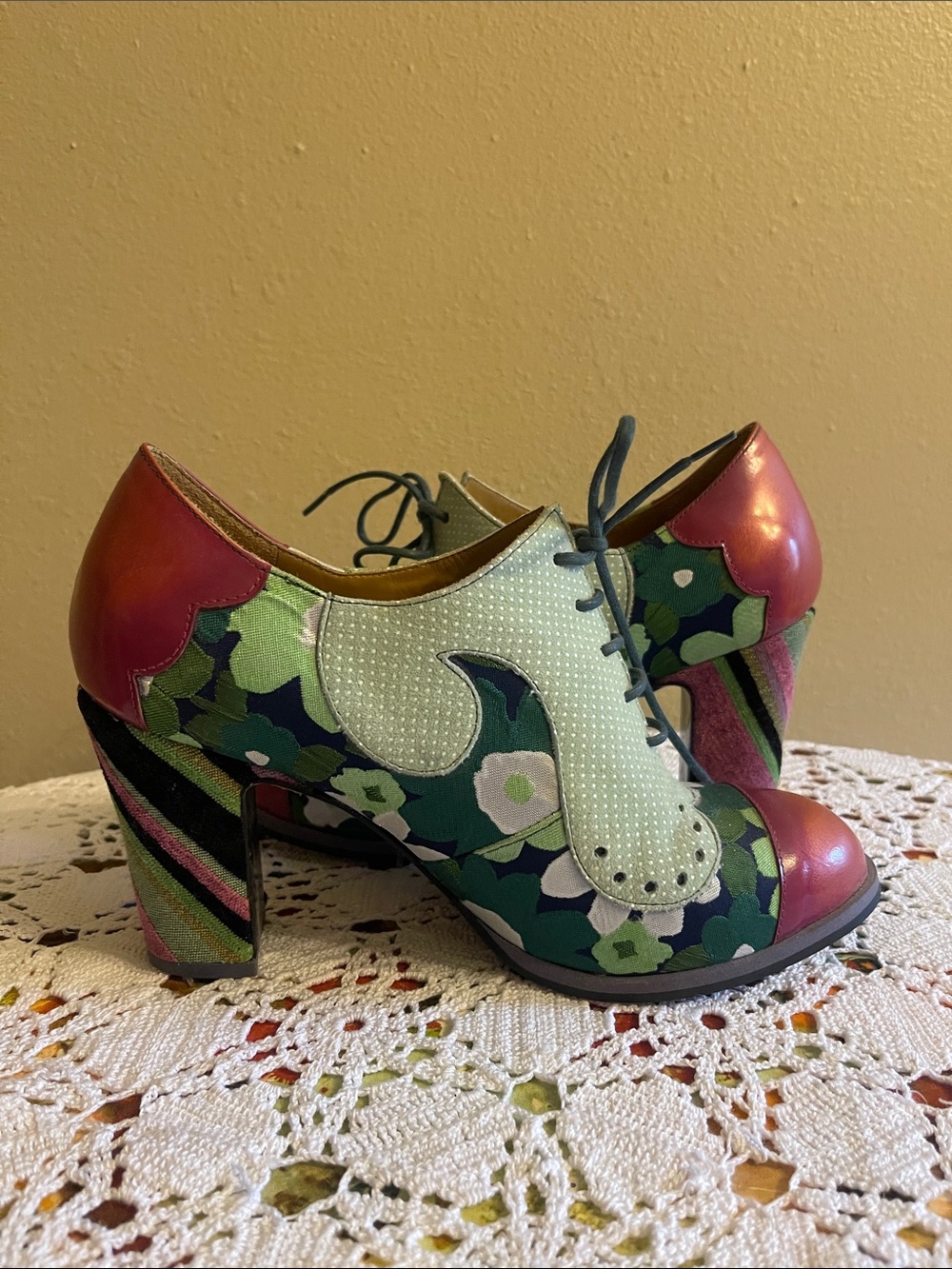 John Fluevog Multicolor Floral Lace-Up Heels with Red Metallic Toe - Picture 2 of 7